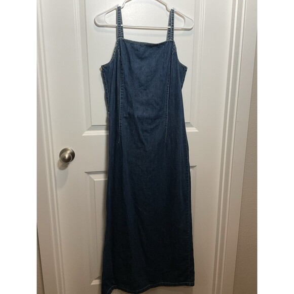 Women’s Denim Dress Ann Taylor 12 Large Spaghetti Strap Long Jean Fall - Picture 1 of 9